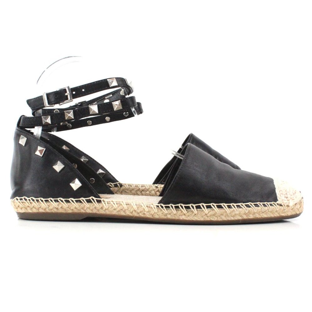 Schutz Koralina Black Leather Studded Espadrille Flats Ankle Wrap Straps SZ 8 - Picture 5 of 11